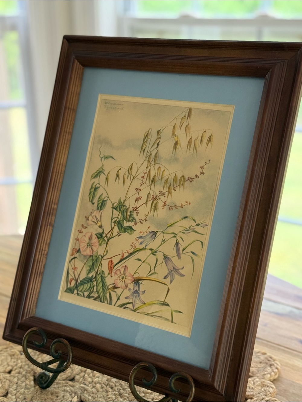 Framed Botanical Print with Blue Mat in Warm Wood Frame